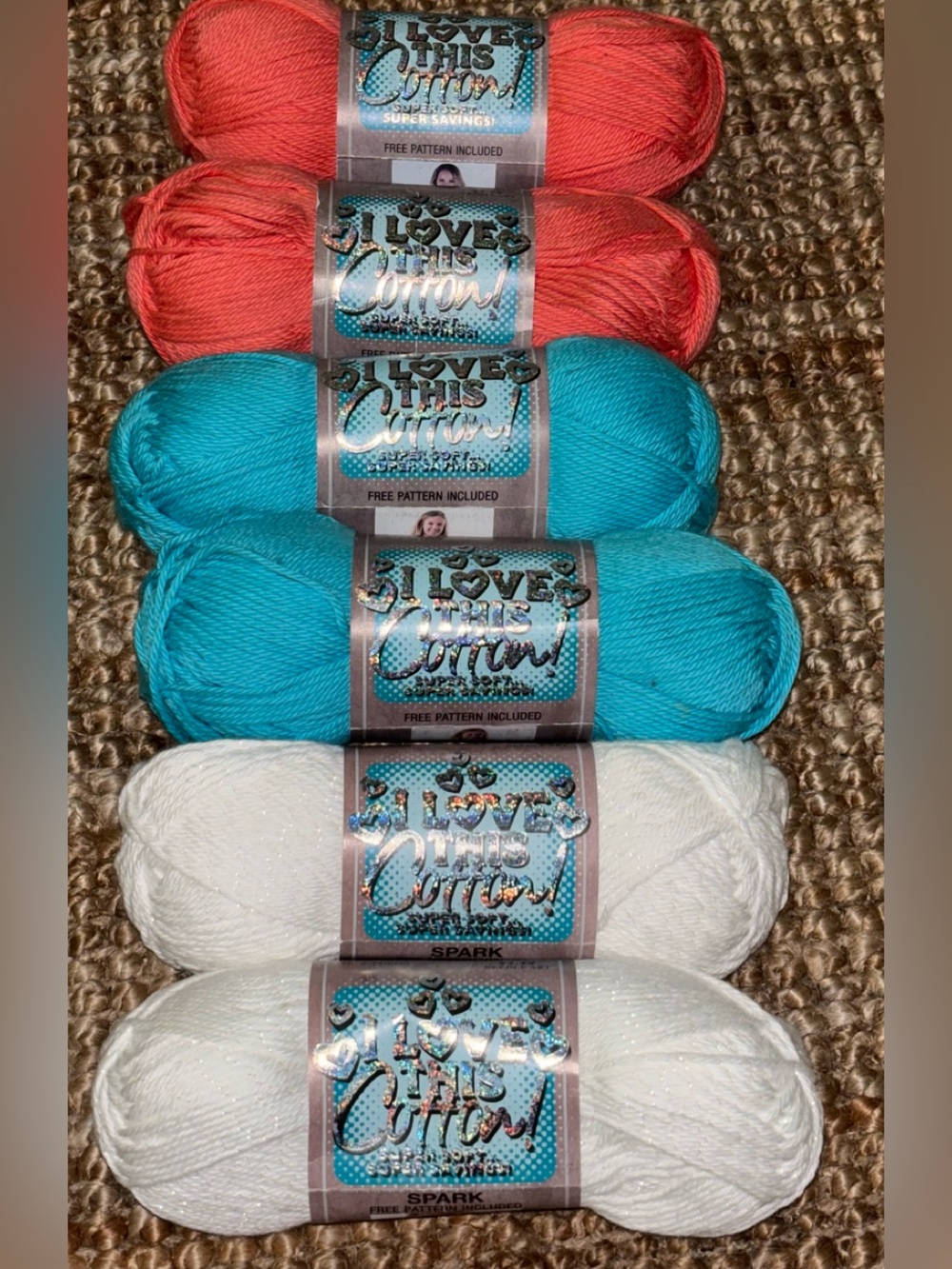 Yarn Lot - I love this Cotton-Turquoise, Coral & White